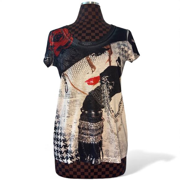 Vtg Y2K Cache AOP Graphic Tee Woman in Hat Size Medium Rhinestone Embellished - Picture 2 of 10